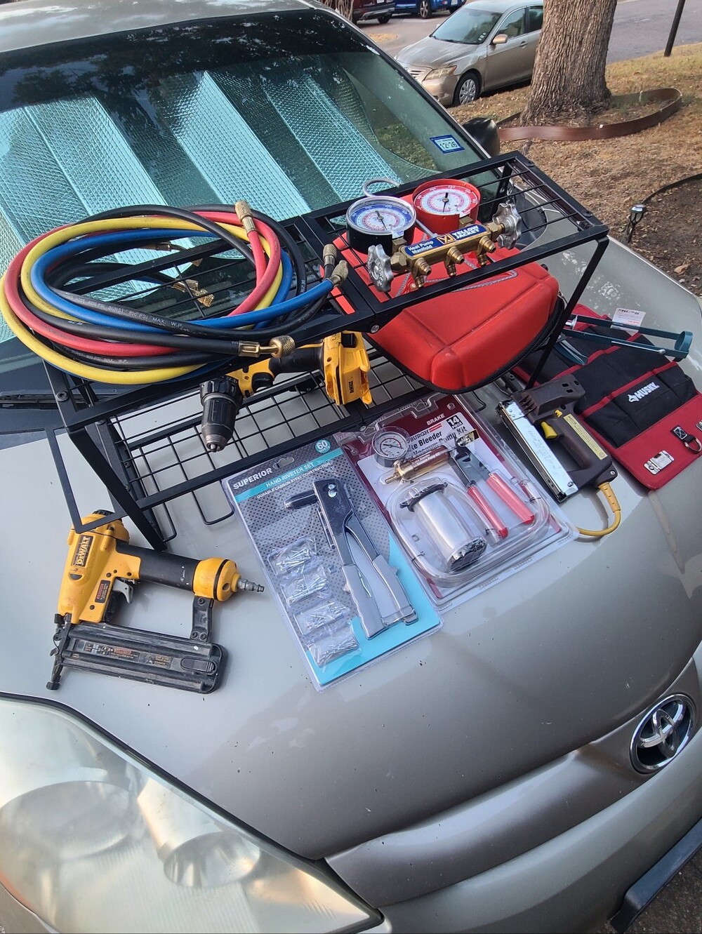 DEWALT Tool Lot w/ Drills, Nail Gun, HVAC Manifold Gauge Set & Husky Bag